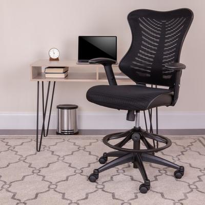 Flash Furniture Designer Mesh High-Back Drafting Chair With Leathersoft Sides And Adjustable Arms, Black