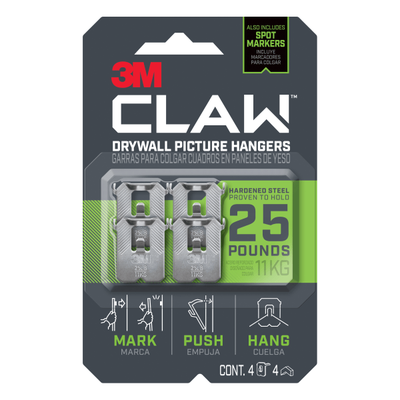 3M Claw Drywall Picture Hanger 25-Lb Capacity, Pack Of 4 Hangers, 4 Spot Markers