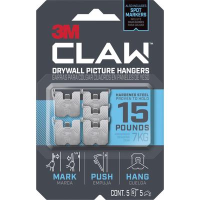 3M Claw Drywall Picture Hanger - 15 lb (6.80 Kg) Capacity - For Pictures, Mirror, Decoration, Art, Home - Gray - 5 Each