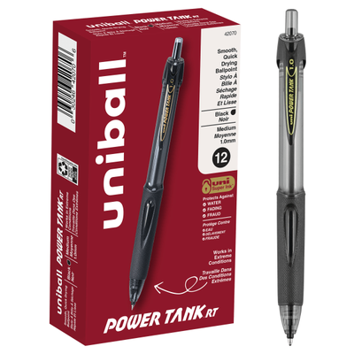 Uni-Ball Uniball Power Tank Retractable Ballpoint Pens, Pack Of 12, Broad Point, 1.0 Mm, Black Barrel, Black Ink
