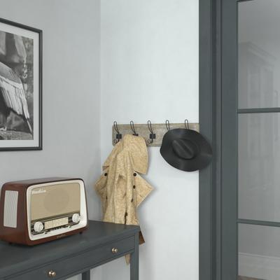 Flash Furniture Daly Wall-Mounted Solid Pine Wood Storage Rack With 5 Hanging Hooks, 6-1/2"h X 24"w X 3-1/8"d, Weathered Brown