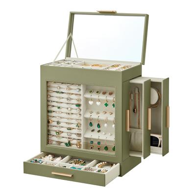 Jewelry Box with Glass Window, 5-Layer Jewelry Organizer with 3 Side Drawers, Jewelry Storage, with Mirror