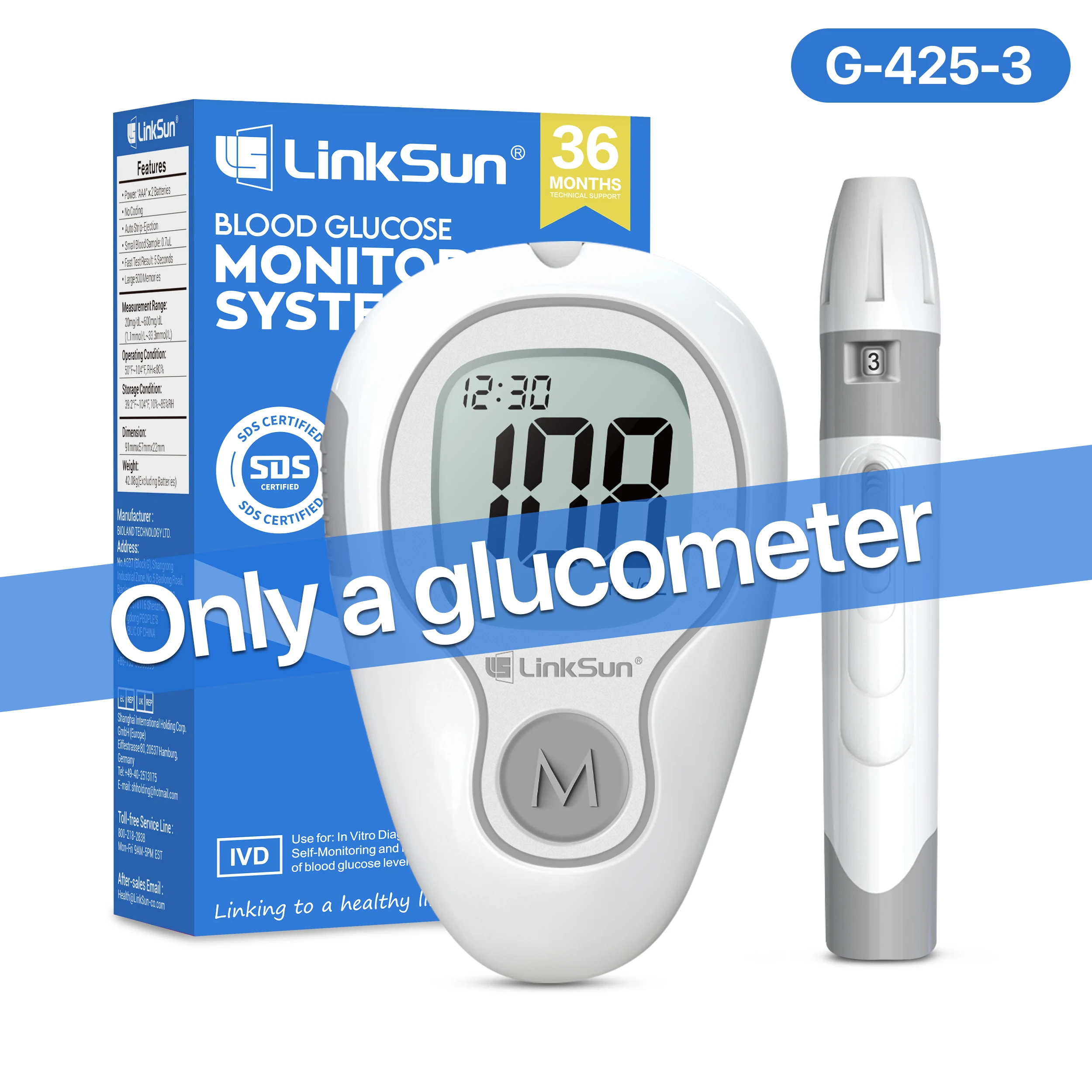 LinkSun G-425-3 Blutzuckermessgerät Teststreifen Diabetes Glukometer-Set Blutzuckermessgerät für Diabetiker Medizinisches Diabetes-Testgerät Image