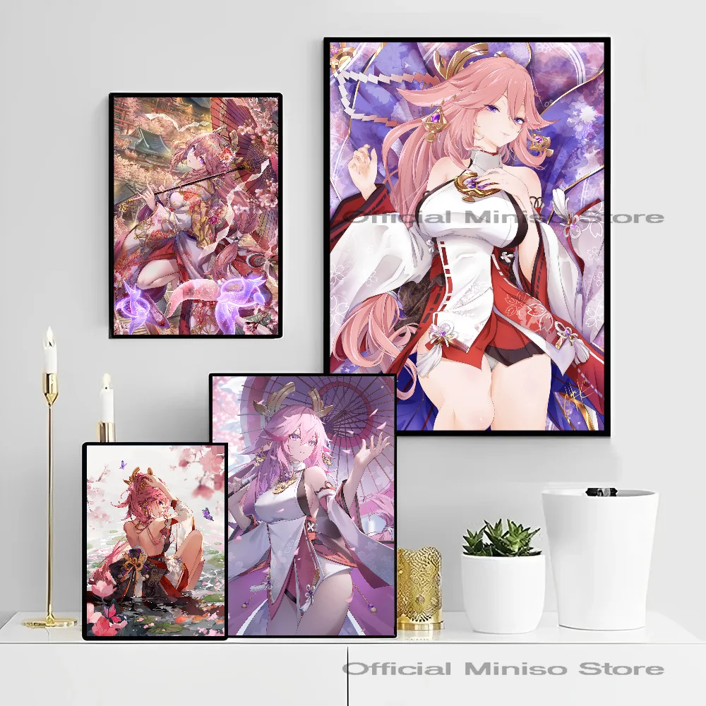 1pc Genshin Impact Yae Miko Poster selbst klebende Kunst wasserdichten Papier Aufkleber Kaffeehaus Bar Zimmer Wand dekoration Image