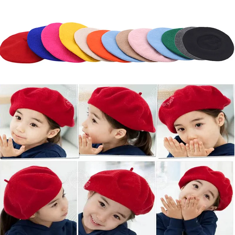 Fashion Baby Beret Hat for Girls Wool Vintage Children Beanies Cap Kids Painter Hats Toddler Candy Color Hair Accessories