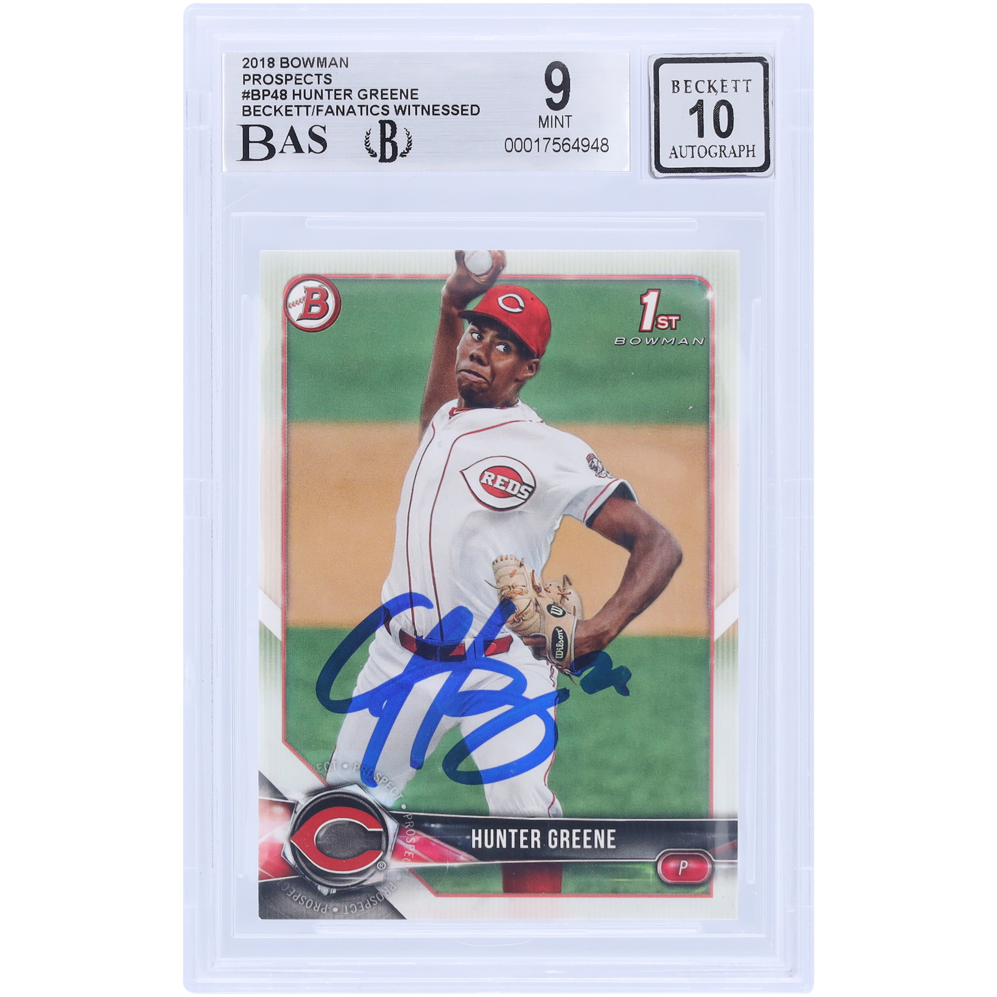 V106832 REDS Hunter Greene Cincinnati Reds signiert 2018 Bowman Prospects #BP48 Beckett Fanatics bezeugt authentifiziert 9/10 Rookie-Karte Hunter Greene AUT BWM TRADING CARDS 45646 AUTTRC CA01B00072 #1 Image