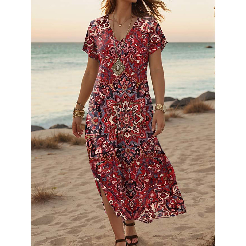 Women's Maxi Dress Casual Dress A Line Dress Stylish Casual Vacation Daily Regular Fit Floral Short Sleeve V Neck Red Blue Orange Green Summer Spring
