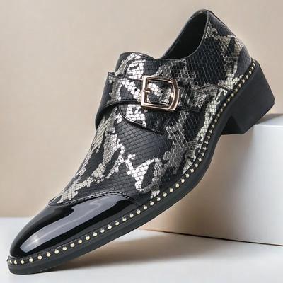 Men's Black and White Snake Print Loafers with Patent Leather and Buckle Detail – Stylish Slip-On Shoes for Formal and Casual Occasions