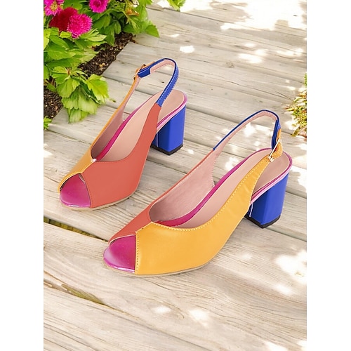 Damen Colorblock Peep-Toe Slingback Heels – Retro Blockabsatz Sandalen für Sommer, Party Freizeit Image