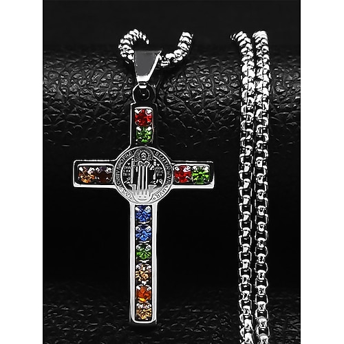 collana da uomo in acciaio inossidabile placcato oro con croce e pietre preziose multicolori – ciondolo religioso, catena elegante da indossare tutti i giorni, regali per occasioni religiose