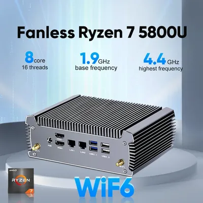 Lüfterloser AMD-Mini-PC FU02 Ryzen 7 5800U 7730U Gaming-Mini-Computer Windows 11 Dual LAN Firewall