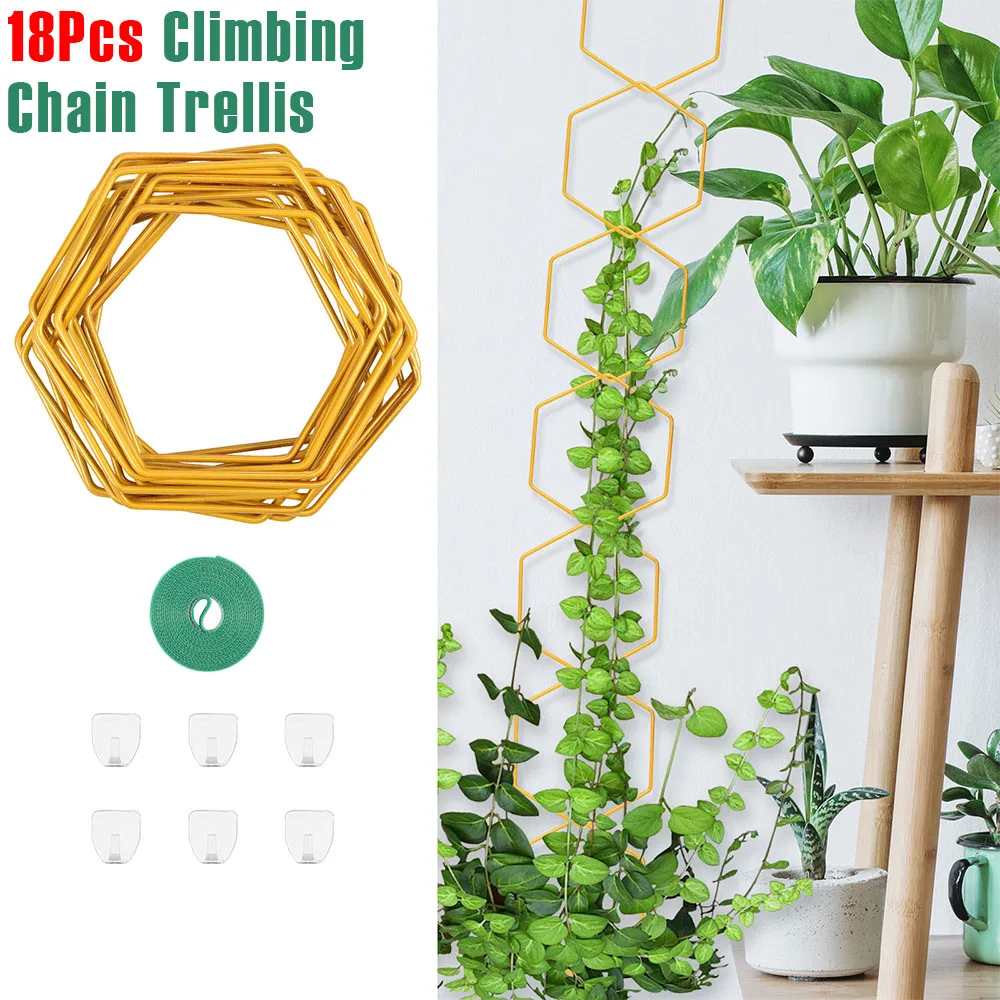 18-teiliges Kletterketten-Spalier aus Metall, sechseckiges Wandbehang-Spalier mit Haken, rostfrei, Pflanzenreben-Stützsatz, Garten-Wandspalier Image