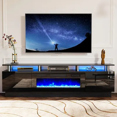 70" Modern Electric Fireplace TV Stand for TVs Up to 80 inch, w/Electronic Flame and LED Lights,