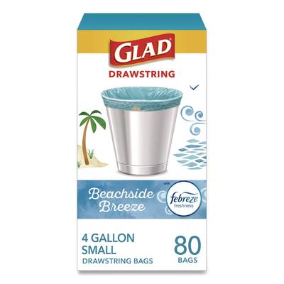 Glad Small Kitchen Drawstring Trash Bags, 4 gal, Beachside Breeze Scent, 0.5 mil, 18" x 17", Blue, 80/Box (CLO79155)