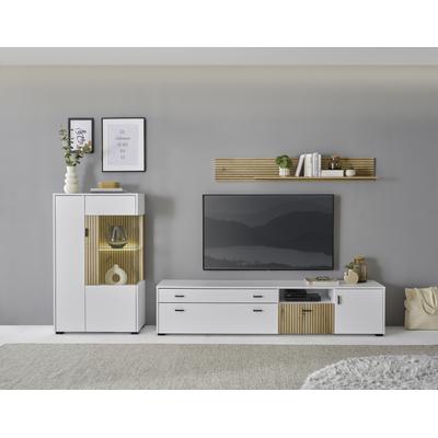 Wohnwand INOSIGN "HUDSON", weiß (weiß matt tz, applikation evoke eiche mdf tz), B:285cm H:170cm T:42cm, Kastenmöbel-Sets, mit moderner Rillenoptik, Griffe aus Metall (Schwarz), Breite 285 cm Image