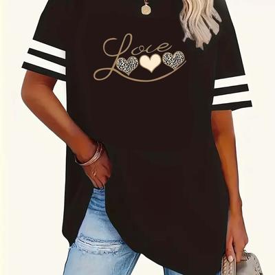 TEMU 1pc Plus Size Women's Casual Crew Neck Short Sleeve T-shirt Heart Print, Knit Fabric With Stretch, Alphabet Pattern, Top - 1-8xl Image