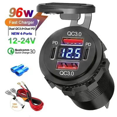 96W Dual PD QC3.0 USB Auto Motorrad Ladegerät mit Voltmeter Buchse Steckdose Adapter Wasserdicht für Image