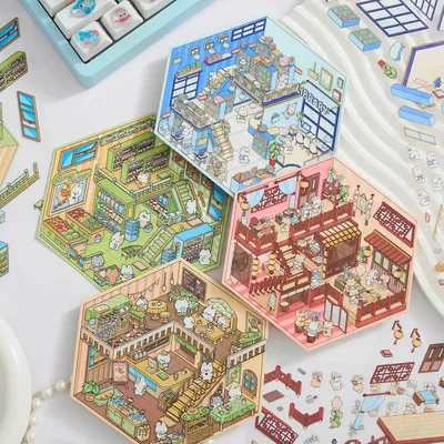 3D Landschaft Aufkleber Kaffee Dessert Haus Serie Kreative Miniatur Szene Visuelle Stapeln Aufkleber Image