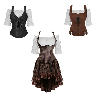Vintage Steampunk Renaissance Bluse Damen Bauer Schulterfrei Kurzarm Shirt Boho Mittelalter Piratenkostüm Image