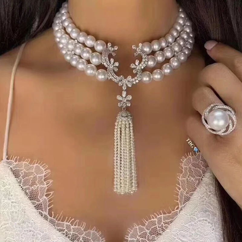 Dreifache Stränge neues Design 8-9mm Südsee weiße Perlenkette 16-18 "Schmuck ketten Choker Halskette 925 Sterling Silber Image