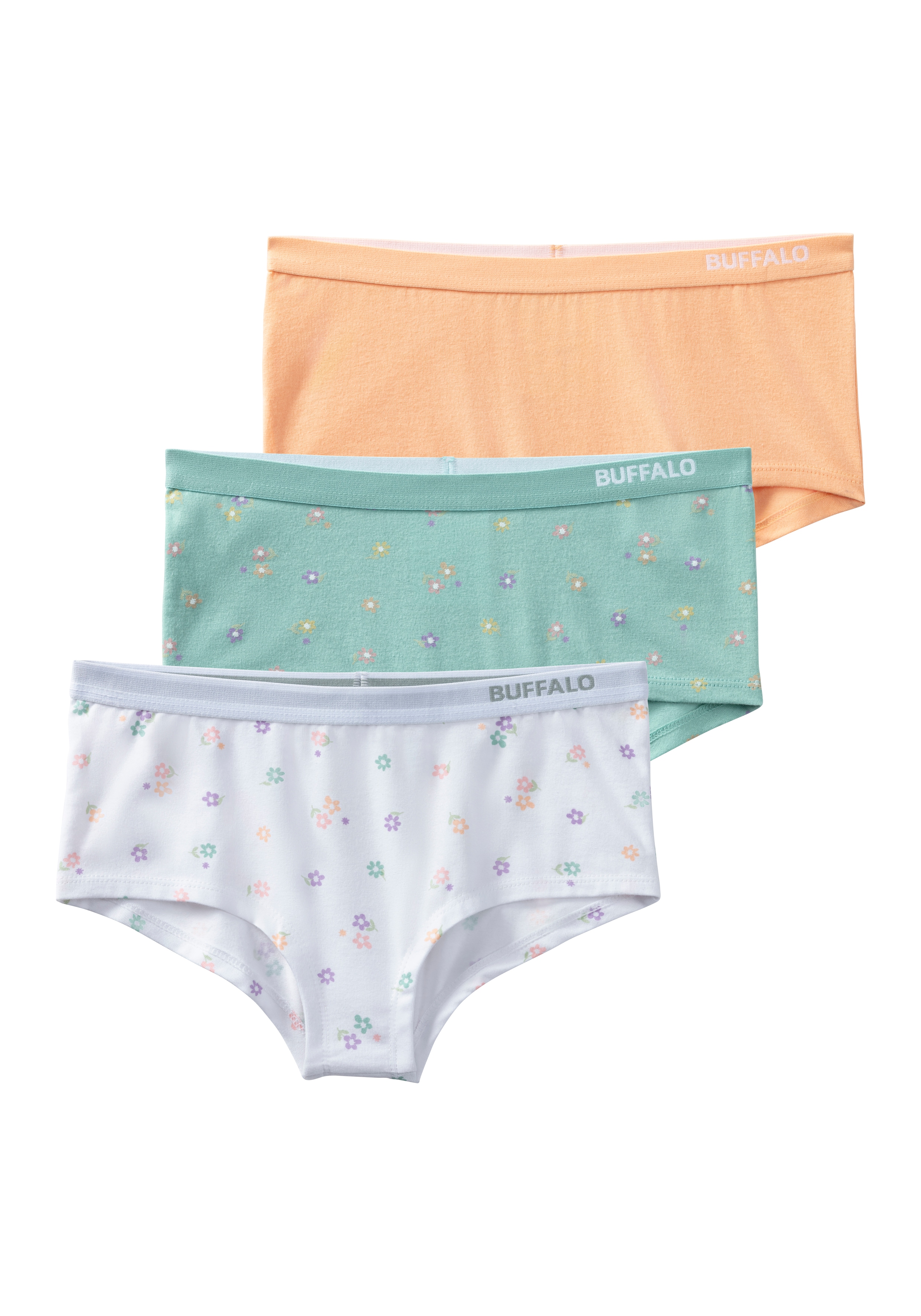 Panty BUFFALO, Kinder, Gr. 170/176, weiß (weiß, apricot, mint), Single Jersey, Obermaterial: 92% Baumwolle, 8% Elasthan, bedruckt, unifarben, Unterhosen, Uni und Blümchen-Print in einer Packung Image