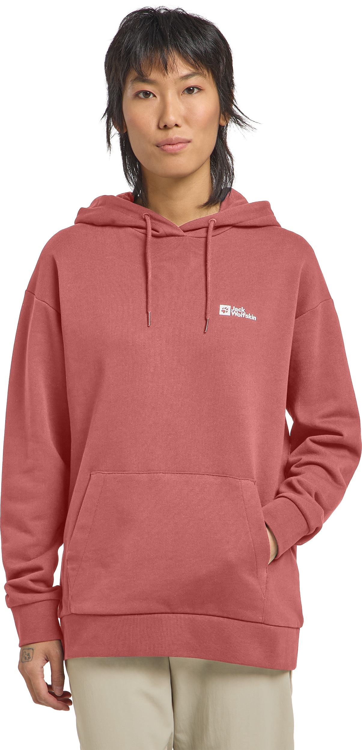 Kapuzenpullover JACK WOLFSKIN "ESSENTIAL HOODIE W", Damen, Gr. S (36), rot (mineral, rot), Oberstoff: 100% BAUMWOLLE ; Kontrastmaterial 1: 95% BAUMWOLLE, 5% ELASTHAN; Kontrastmaterial 2: 100% BAUMWOLLE, Pullover Kapuzenpullover