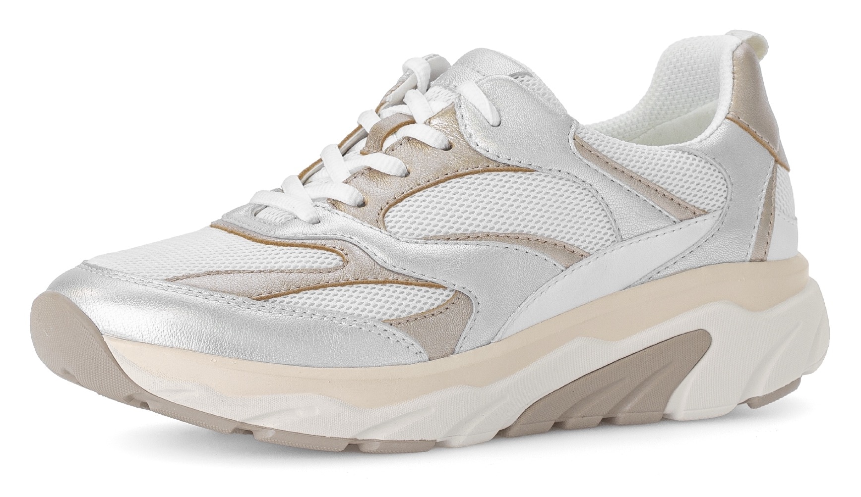 Keilsneaker GABOR ROLLINGSOFT, Damen, Gr. 41, silber (weiß, silberfarben, goldfarben), Kalbsleder, Textil, Schuhe Sneaker, Freizeitschuh, Halbschuh, Schnürschuh mit rollingsoft-Laufsohle