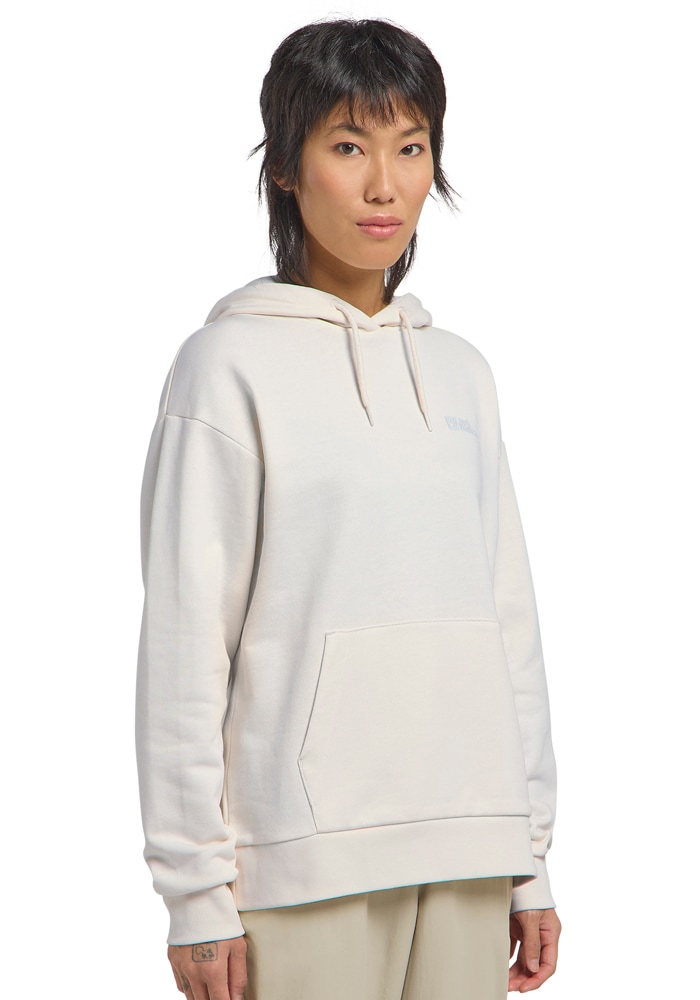 Kapuzenpullover JACK WOLFSKIN "ESSENTIAL HOODIE W", Damen, Gr. S (36), weiß (cotton, weiß), Oberstoff: 100% BAUMWOLLE ; Kontrastmaterial 1: 95% BAUMWOLLE, 5% ELASTHAN; Kontrastmaterial 2: 100% BAUMWOLLE, Pullover Kapuzenpullover