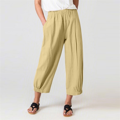 Damen Kunstbaumwollleinen Abgeschnittene Hose Palazzo-Hose Mode Streetwear Komfort Knöchellang Hohe Taille Einfach Elastischer Bund Bequem Außenbereich Straße Alltagskleidung Ausgehen Schwarz Khaki Image