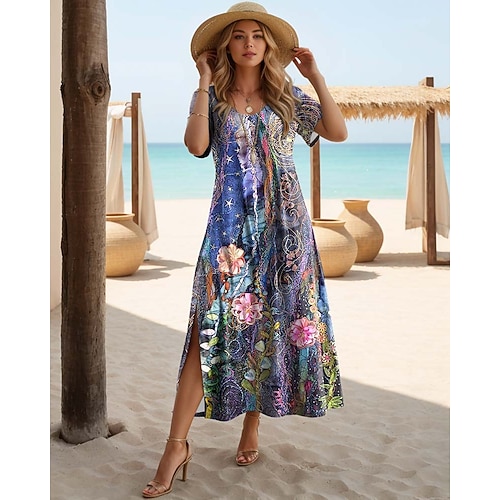 Damen Maxi Kleid Freizeitkleid T-Shirt Kleid Tee Kleid Strandkleid Bohemia Date Reguläre Passform Geometrisch Kurzarm Rundhalsausschnitt Schwarz Weiß Pink Lila Sommer Image