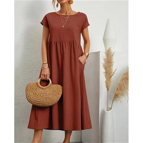Damen Midikleid Baumwoll Mischung Shiftkleid Freizeitkleid Stilvoll Lässig Täglich Urlaub Date Normale Passform Einfach Kurzarm Rundhalsausschnitt Weiß Rosa Orange Sommer Frühling Image