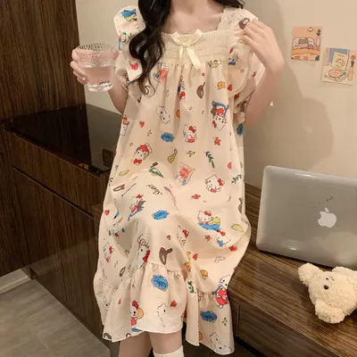 HelloKitty Summer Nightgown Sanrio My Melody Pure Cotton Pajamas Lace Short-sleeved Girls Loose Sweet Home Wear Outer Wear