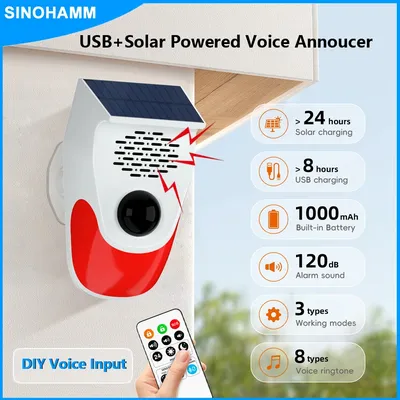 Motion Activated Voice Player Solar+Type C Recordable Voice Announcer Driveaway Alarm Stobe Light