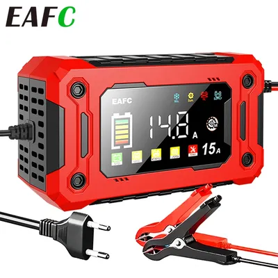EAFC 12V Car Battery Charger 8A/15A Large Screen Pluse Repair Charger for Auto Moto SUV Lithium AGM Lead Acid GEL LCD Display
