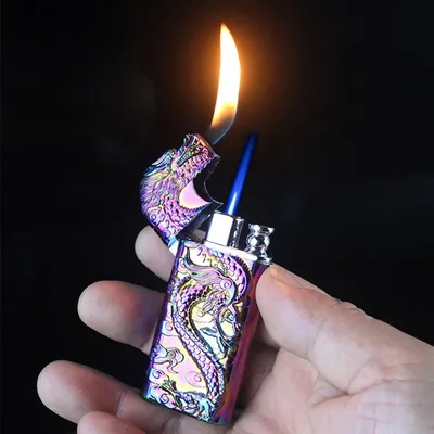 Metal 3D Relief Dragon Dual Fire Lighter Windproof Dual Fire Conversion Butane Inflatable Portable