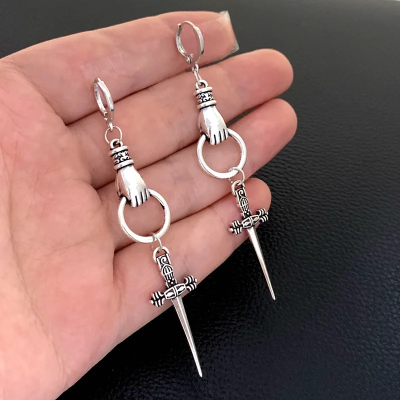 Hand or Moon Sword Earrings - Sword Earrings - Crescent Moon Earrings - Mystic Jewelry - Weird Earrings - Goth Earrings