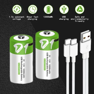 1# USB 1.5V Rechargeable D Size Batteries LR20 Li-ion 12000mWh with Type-C Cable for Gas Appliances