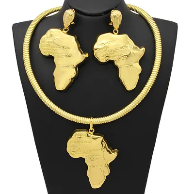 Necklace Earrings Africa Map Sets For Women Copper 24K Gold Plated Ethiopian Jewellery Nigeria Congo