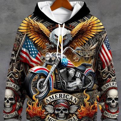 TEMU Men's Patriotic Eagle & Motorcycle Graphic Hoodie - Long Sleeve, Casual Pullover With Drawstring Pocket, American , Polyester, Machine Washable For Fall/winter Image
