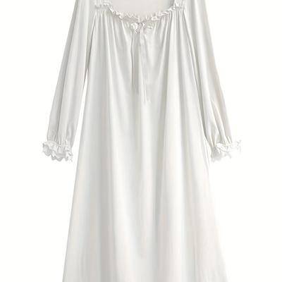 TEMU Women's Elegant Lace Trim Nightgown, Princess-style Long Sleep Dress With Ruffle Hem, Square Neck Solid Color Knit Polyester Nightwear, , 100gsm Fabric Weight Image