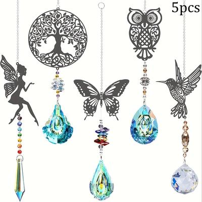 TEMU 5-pack Glass Suncatcher Kit With Crystal Prisms, No Power Needed, Handcrafted Hanging Window Sun , Decorative Rainbow Makers With Owl, Hummingbird, For Garden Decor