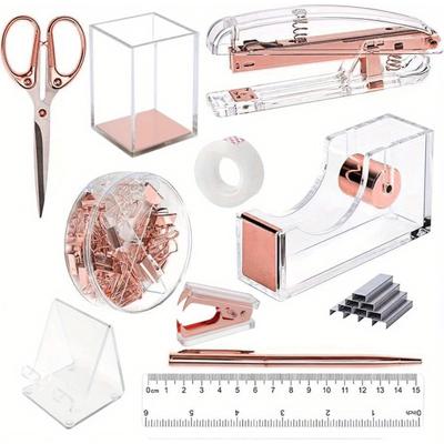 TEMU Sharkwoods Rose Gold Office Supply Set Including Acrylic Stapler, Staple Remover, Phone Holder, Tape Dispenser, Pen Holder, Ballpoint Pen, Scissors, Binder Clips, Ruler, Transparent Glue, And