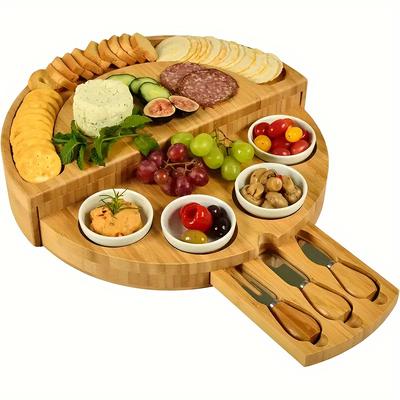 TEMU Deluxe Bamboo Cheese Board Set With Integrated Slide-out Drawer - Foldable, Space-saving Design For Family , Parties & Outdoor Events - Includes Dipping Sauces, Knives & Serving Utensils