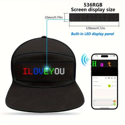 TEMU Wireless Hippie Flat Brim Baseball - 5x36 Pixels, Programmable With Smart App , Message Scrolling Led Display, Rechargeable - For Outdoor Activities, Party, Camping, Gifts