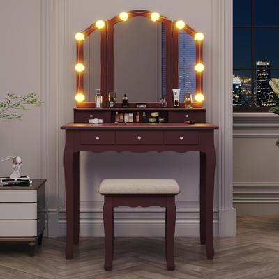 TEMU Vanity Desk With Lighted Tri-folding Mirror & Stool, Makeup Vanity Set With 10 Led Light Bulbs, 3 Color Lighting , Makeup Table With 5 Storage Drawers, Brown