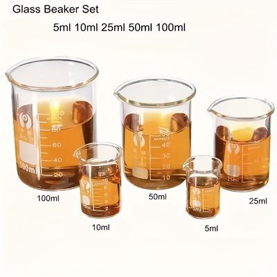 TEMU 5pcs Glass Beaker Set With V-shaped Design For Leak - Includes 0.17oz, 0.34oz, 0.85oz, 1.69oz, 3.38oz - Ideal For Industrial & Scientific Use