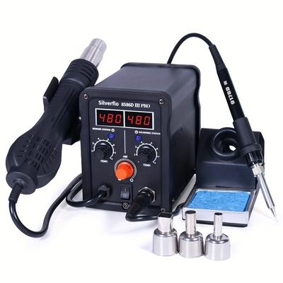 TEMU 8586d-iii Hot Air Soldering Iron Station Kit 2-in-1 For Rework, Desoldering With Temperature Control, Temperature Correction , Includes 3 Air Nozzles.