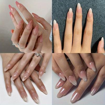 TEMU 96pcs (4 Packs) Press On Nails Long Stiletto Nude Fake Nails False Nails With Gradient Pure Transparent Glossy Stick On Nails For Women