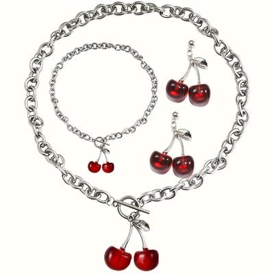 TEMU 3pcs Cherry Charm Jewelry Set For Women - Alloy Fruit Pendant Necklace, Earrings, And Bracelet - Fashionable Design Choker Necklace Set