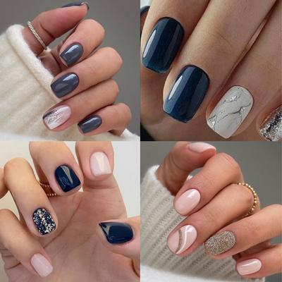 TEMU 96pcs(4 Pack) Short Press On Nails Square Fake Nails Glue On Nails Full Cover White False Nails With Designs Cute Marble Short Acrylic Nails Stick On Nails For Women Girls